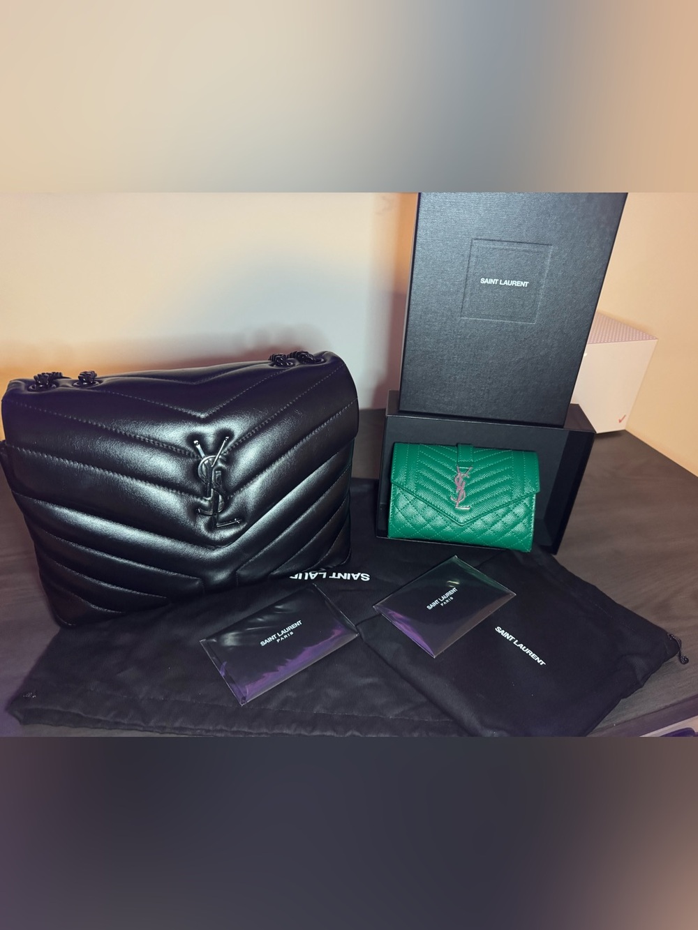 YSL Loulou small matelasse calf skin leather and Envelope Green Wallet